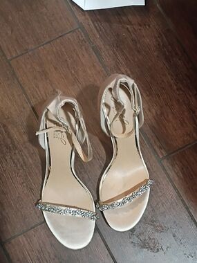 Jewel Badgley Mischka Champagne Satin Rhinestone Ankle-Strap Heels